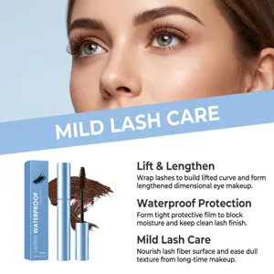 Close-up of a model's defined lashes above blue mascara tubes and matching box packaging