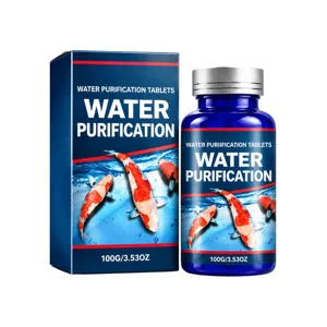 Pastilles purificatrices d’eau pour aquarium, 100 g, en flacon bleu avec boîte assortie et carpes koi
