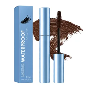 Waterproof brown mascara with blue tube and box, shown with applicator wand and brown swatch