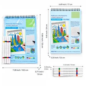Flat lay of a spiral city-scene coloring book with eight markers, tray, and size details.