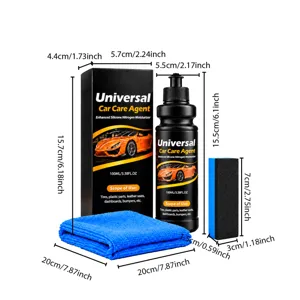 Set per la cura con flacone da 100 ml, panno in microfibra blu, spugna nera e misure indicate
