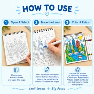 Guide en trois étapes montrant un carnet urbain à spirale, le tracé des lignes et le coloriage
