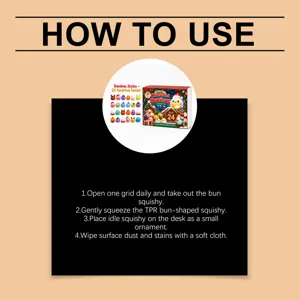 Grafica con istruzioni, confezione Dumpling da 24 giorni e consigli per la cura dei morbidi squishy