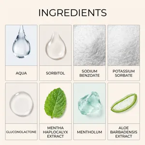 Grafica degli ingredienti con otto componenti, goccia, cristalli, foglia di menta e aloe