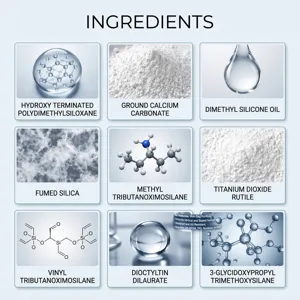 Infografía de nueve paneles con compuestos de silicona, cargas minerales y aditivos de silano