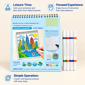 Detail view of a spiral-bound city coloring book, showing an illustrated scene and eight markers