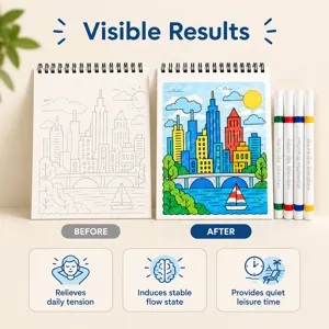 Before-and-after cityscape coloring pages shown side by side, with four acrylic markers beside them