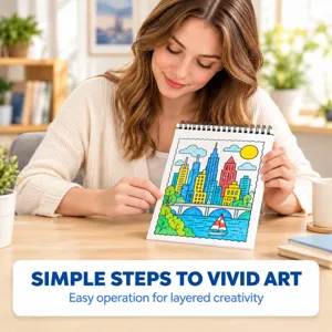 A woman displays a colorful cityscape drawing with a bridge, sailboat and clouds at home.