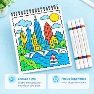 Page de coloriage aux lignes de ville, avec quatre marqueurs acryliques blancs sur fond bleu clair
