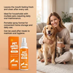 Flacone spray arancione e scatola accanto a una donna con un golden retriever e un gatto tigrato.