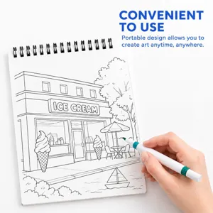Spiral sketchbook page showing an ice cream shop street scene being colored with a green marker