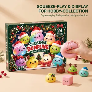 Hand squeezes a pink dumpling-shaped toy beside a festive 24-day calendar and colorful figures