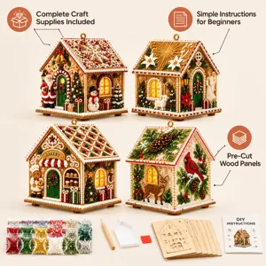 Quatre maisonnettes de Noël décorées, avec socles en bois, strass colorés, outils et notice