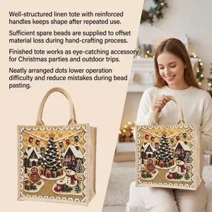 Motif de Noël en perles sur un sac, présenté à plat puis porté par un modèle, avec anses solides
