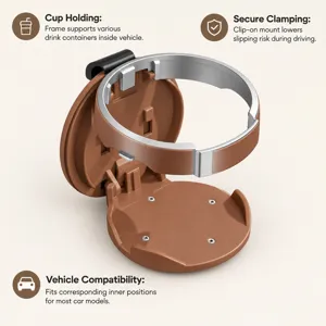 Close-up of a brown plastic car cup holder with a silver support ring and black mounting clip