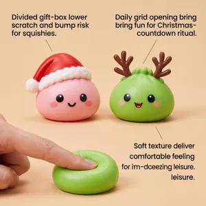 Close-up of pink Santa-hat and green reindeer figures, with a finger pressing the green toy