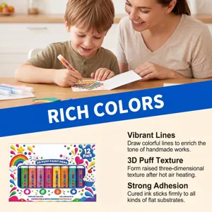 Child and mother draw colorful raised lines beside a 12-pack of puff paint pens on a table