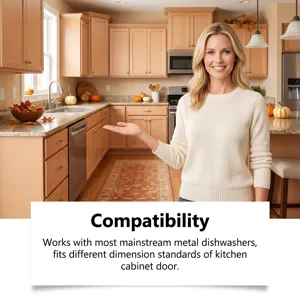 Kitchen scene with a woman presenting cabinetry; text notes metal dishwasher and cabinet-door fit.