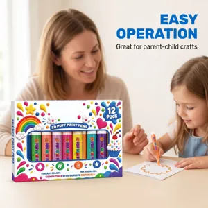 Child draws a raised flower with an orange pen as an adult watches beside colorful pen packaging