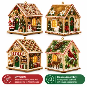 Quatre maisons en pain d’épices ornées de perles, avec scènes festives et anneaux de suspension