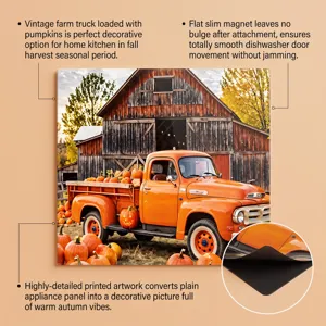 Autumn farm artwork with orange truck, pumpkins and barn; inset shows the black magnetic backing