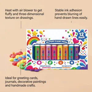 Colorful 12-piece puff paint pen set in a white box with raised paint samples and craft motifs