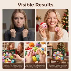 Collage showing people squeezing soft dumpling-shaped toys beside a Christmas countdown gift box