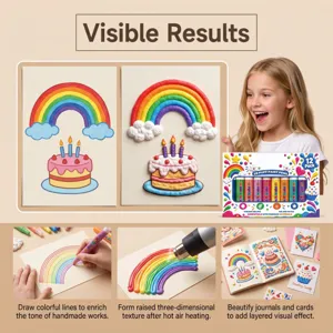 Collage showing colorful raised paint drawings, pen use, heat-formed texture, and decorated cards.