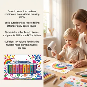 Close-up scene of a child and mother drying colorful raised artwork beside a 12-piece paint pen set