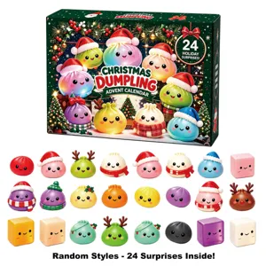 Christmas dumpling advent calendar with 24 colorful soft squishy toys in a festive green box