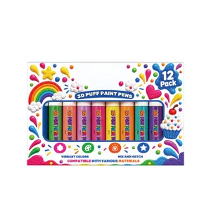 12 colorful 3D puff paint pens in a clear window box, for DIY art and craft projects