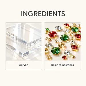 Ingredient display of acrylic blocks beside red, green, gold, and clear resin rhinestones