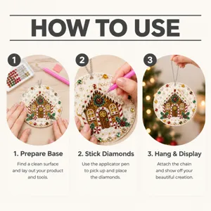 Three-step guide shows decorating a gingerbread-house diamond art ornament, then hanging it on a tree