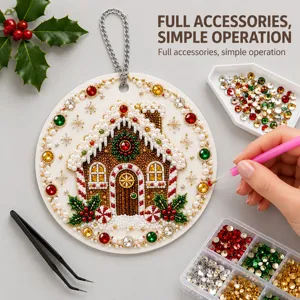 Close-up of a jeweled gingerbread house ornament with colorful gems, pearls, and DIY tools