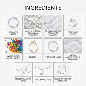 Schema degli ingredienti su griglia bianca, con gocce, pigmenti colorati e diagrammi molecolari