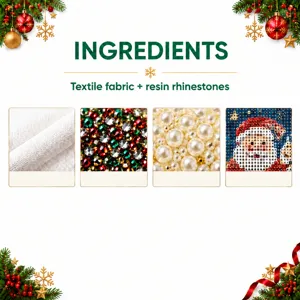 Planche des matériaux avec tissu blanc, strass en résine colorés, perles et motif de Père Noël