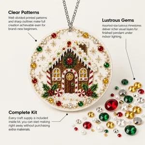 Round gingerbread house pendant decorated with colorful gems and pearls beside loose rhinestones