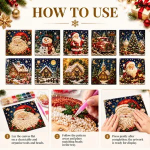 Infographie de Noël avec dix motifs, outils à perles et étapes illustrées pour créer les tableaux