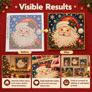 Collage d'un tableau diamant du Père Noël : toile inachevée, œuvre finie et décor festif