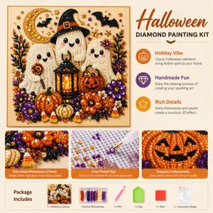 Escena de Halloween con fantasmas y calabazas brillantes, más primeros planos de detalles con gemas