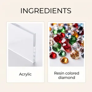 Materiaalvergelijking met een transparante acrylplaat naast kleurrijke decoratieve harssteentjes