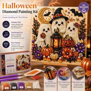 Escena de Halloween con gemas de resina y perlas brillantes, lienzo, lápiz, bandeja, cera y bolsas