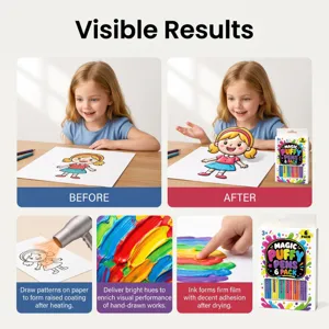 Dettaglio di disegni colorati in rilievo dopo il riscaldamento, inchiostro materico e confezione