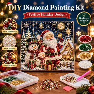 Scène festive de peinture diamant avec le Père Noël, strass, perles, gemmes colorées et outils