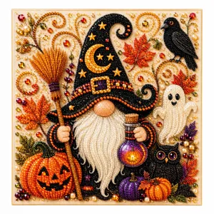 Cuadro de Halloween con cuentas y pedrería: gnomo mago, escoba, poción, calabazas, fantasma y cuervo