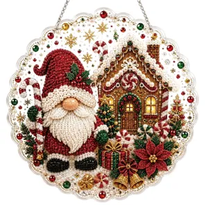 Kersthanger in diamond painting-stijl met de kerstman, peperkoekhuisje en ronde kralenrand