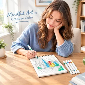 A woman colors a city skyline sketch with markers in a spiral-bound drawing book at a sunlit desk