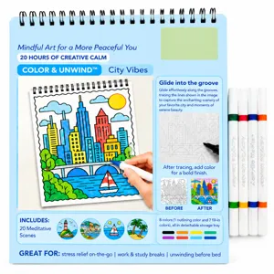 Spiral-bound mindful coloring set with city scenes, 20 pages, paints and dual-tip markers