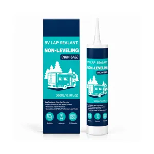 Sellador impermeable que no descuelga de 300 ml para autocaravana, tubo y caja sobre fondo blanco