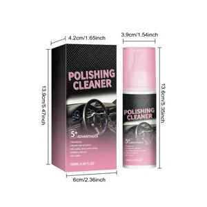 Op witte achtergrond: roze reinigingsspray van 100 ml naast de zwart-roze doosverpakking